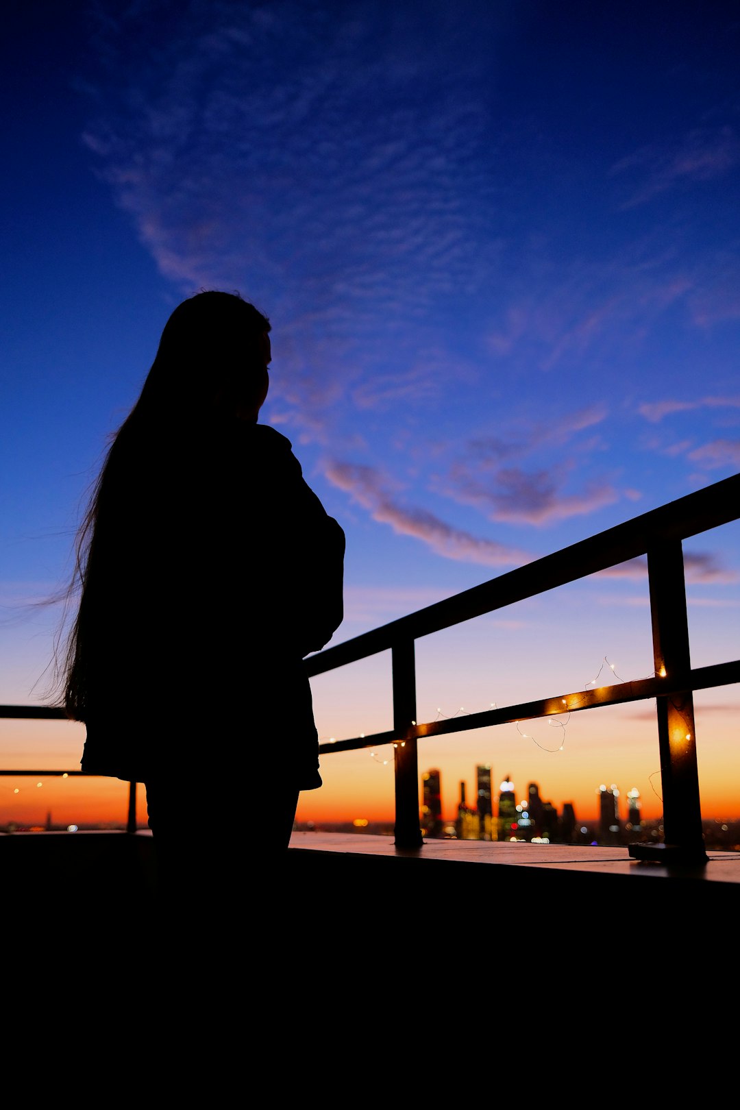 silhouette of woman standing near railings during sunset