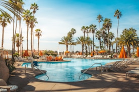 An inviting outdoor pool area with lounge chairs and palm trees, perfect for relaxation.