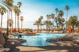 A luxurious outdoor swimming pool area surrounded by tall palm trees and various lounge chairs. Bright orange umbrellas add a pop of color, creating a vibrant and inviting atmosphere. The sky is clear and blue, enhancing the tropical feel.