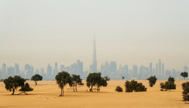 A scenic collage showing Dubai’s desert and Nepal’s mountains side by side.