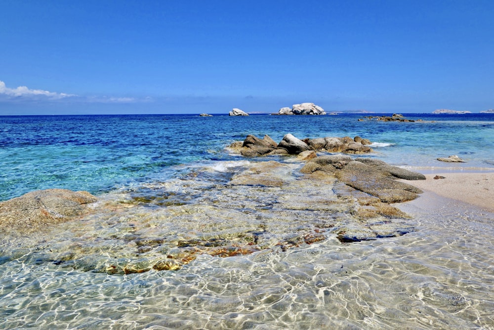 rocas marrones en la orilla del mar bajo un cielo azul durante el día