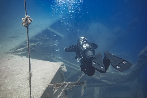 Diver Dik Barton preparing to descend near the Titanic wreck in a submersible.