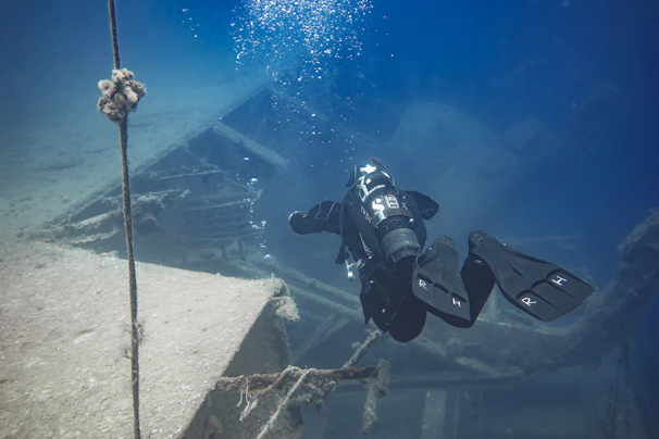 A diver in full gear carefully inspecting underwater marine life near a sunken wreck.