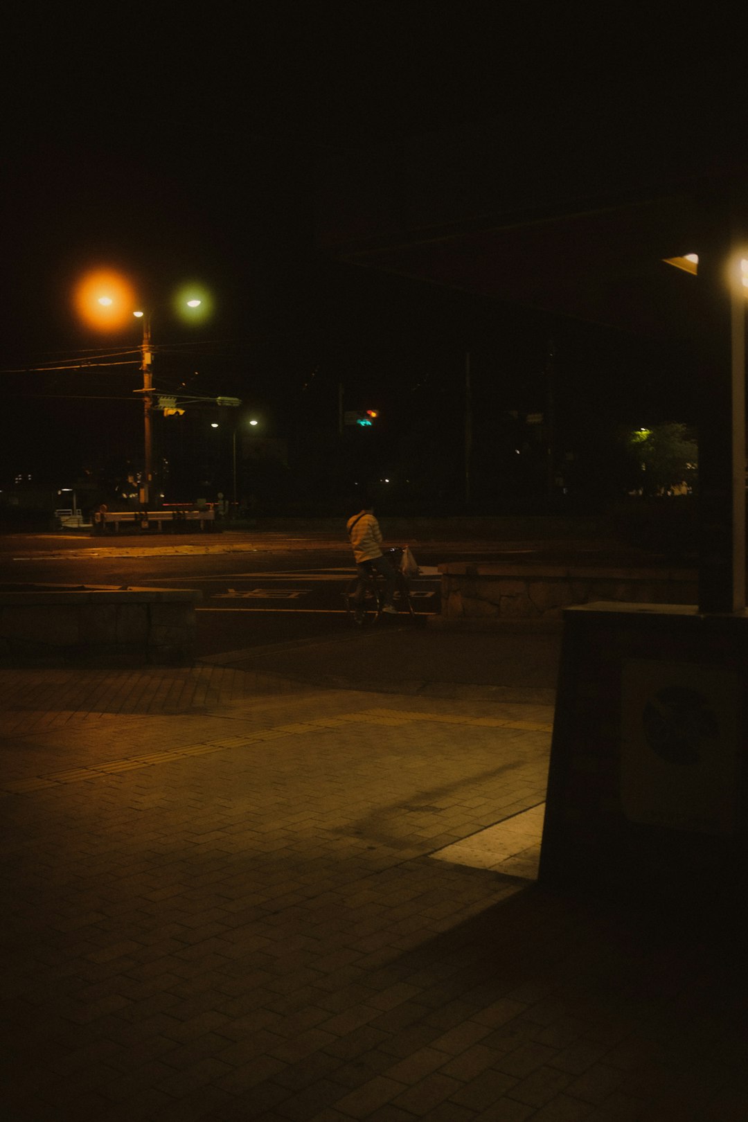 man in black jacket sitting on bench near traffic light during night time