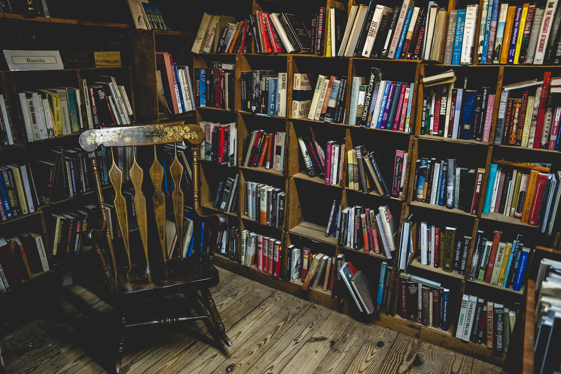 Bibliothèque murale remplie de livres divers, ambiance chaleureuse