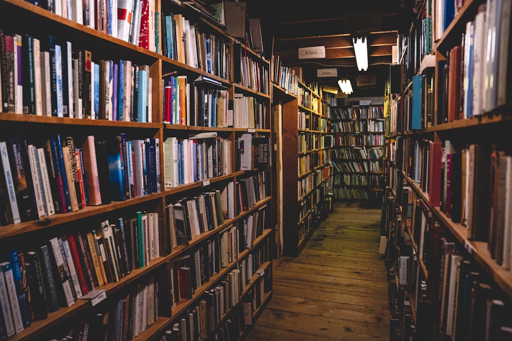 brown wooden book shelves with books