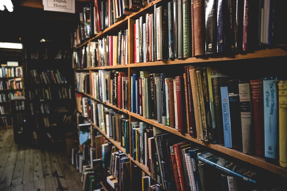 books on brown wooden shelf