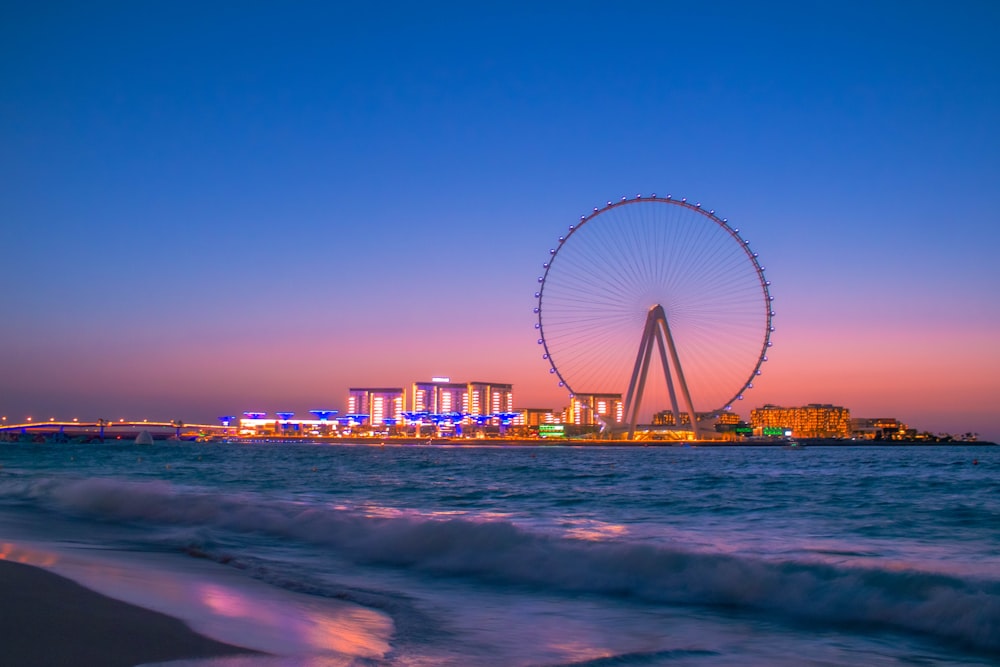 ferris wheel near body of water during night time