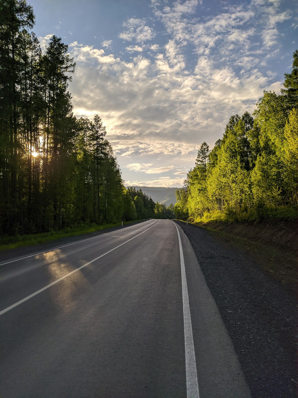 gray asphalt road between green trees under white clouds during daytime