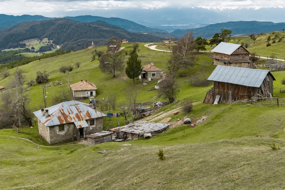 brown and white house near green trees and mountain during daytime