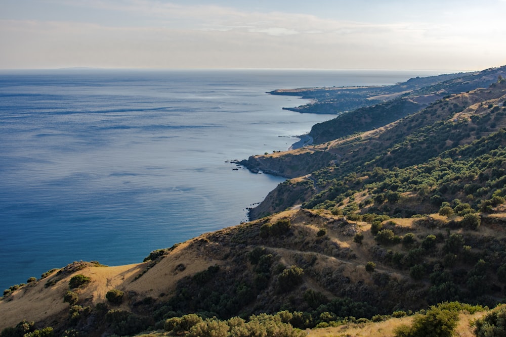 aerial view of green and brown mountain beside blue sea during daytime