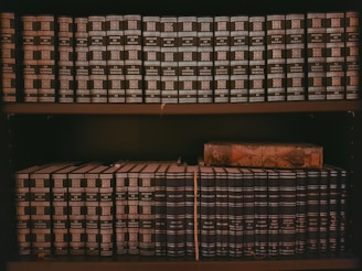 A bookshelf filled with dark-colored volumes, primarily containing the works of Honoré de Balzac, is arranged neatly on the shelves. The upper shelf features a complete series of La Comédie Humaine, with uniform covers and gold lettering. The lower shelf holds books by Guy de Maupassant, along with an old, ornate hardcover book placed on top.