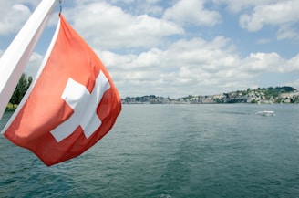 red and white flag on pole near body of water during daytime