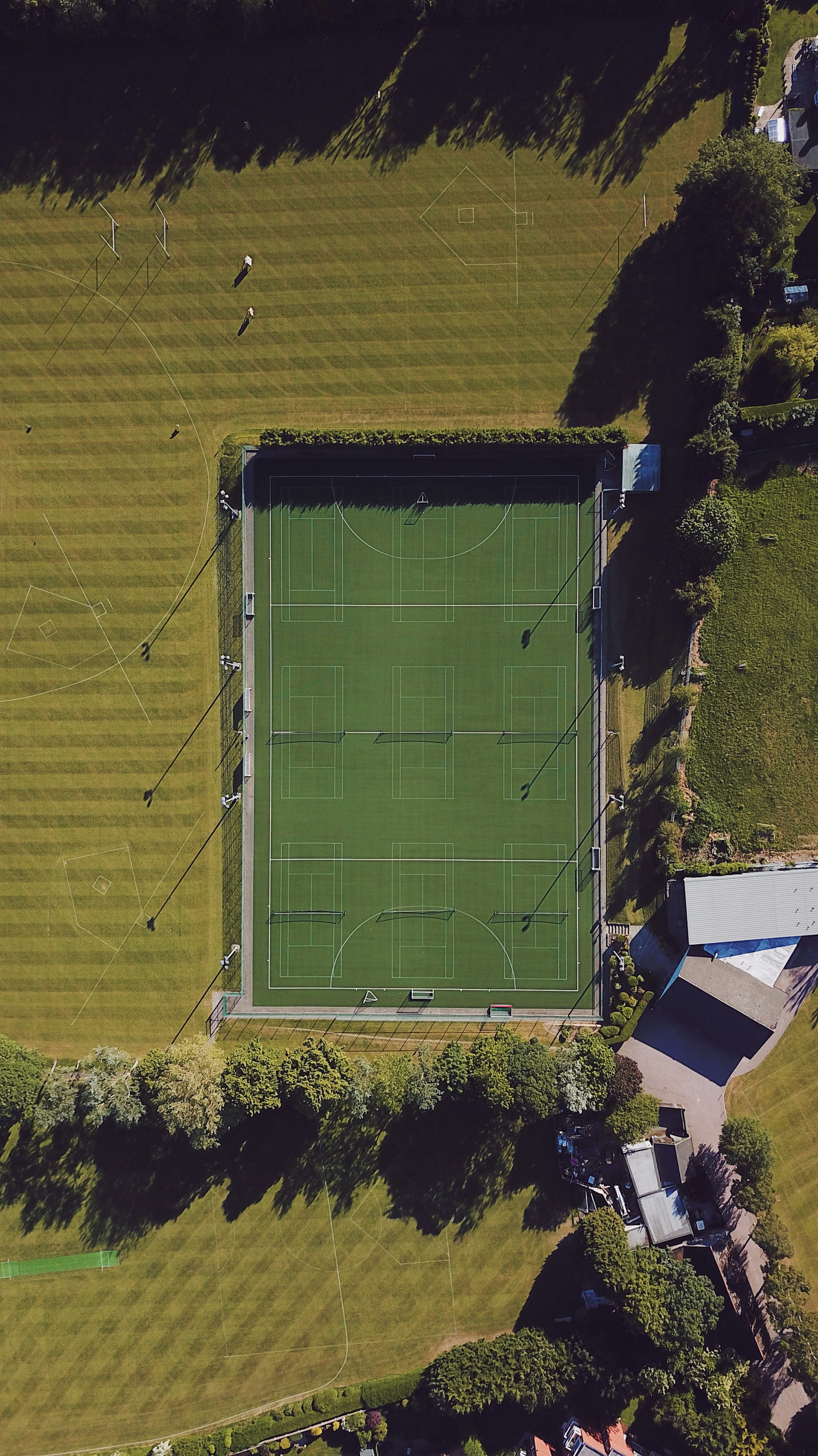 Top down view of football / tennis courts in oxton, Birkenhead Wirral uk
