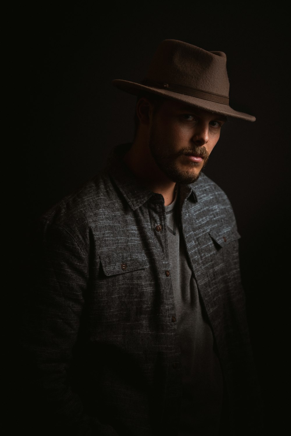 man in gray dress shirt wearing brown fedora hat
