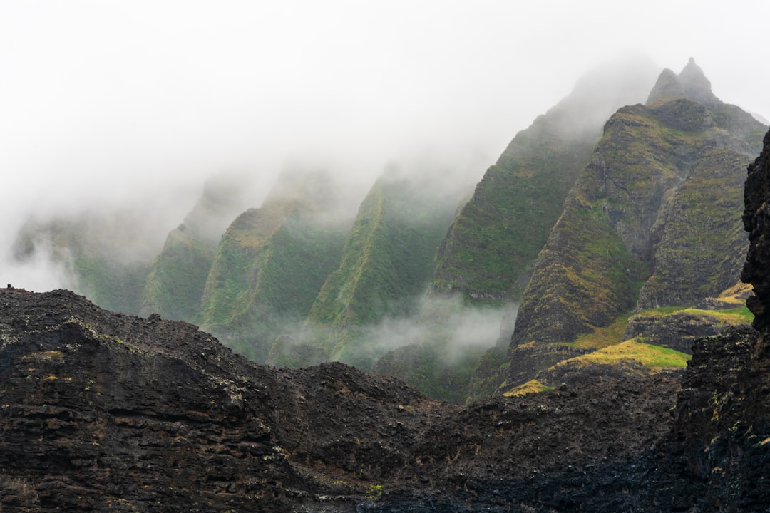 green and brown mountain with fog