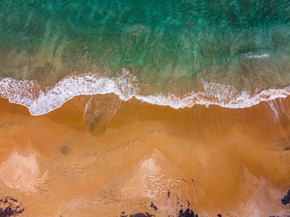 an aerial view of a beach and ocean