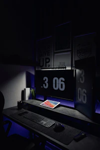 A sleek, dark-themed workspace showing a timeline and narrative map on multiple screens.