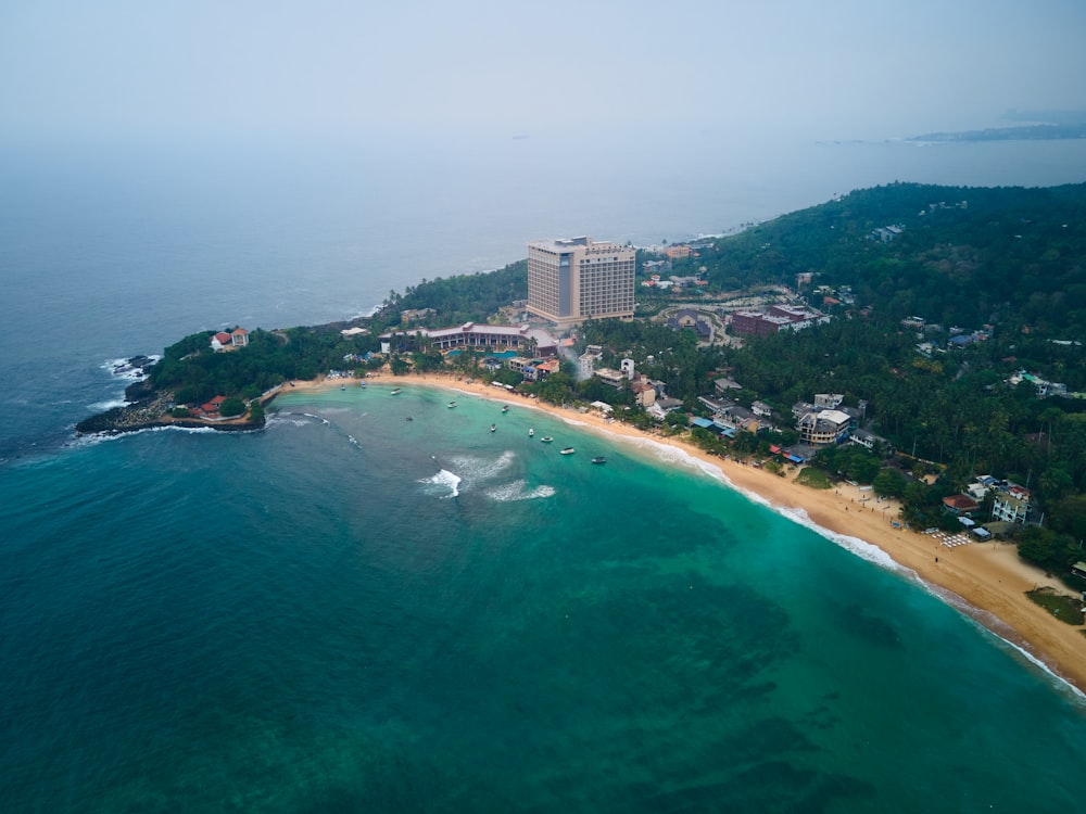 aerial view of city buildings near sea during daytime