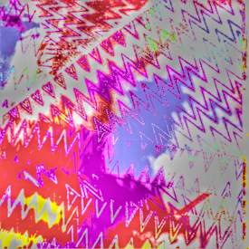 Vibrant zigzag patterns in varying shades, including purple, pink, red, and yellow, cover the image. The design appears abstract and energetic, with overlapping and intersecting lines creating a sense of movement.
