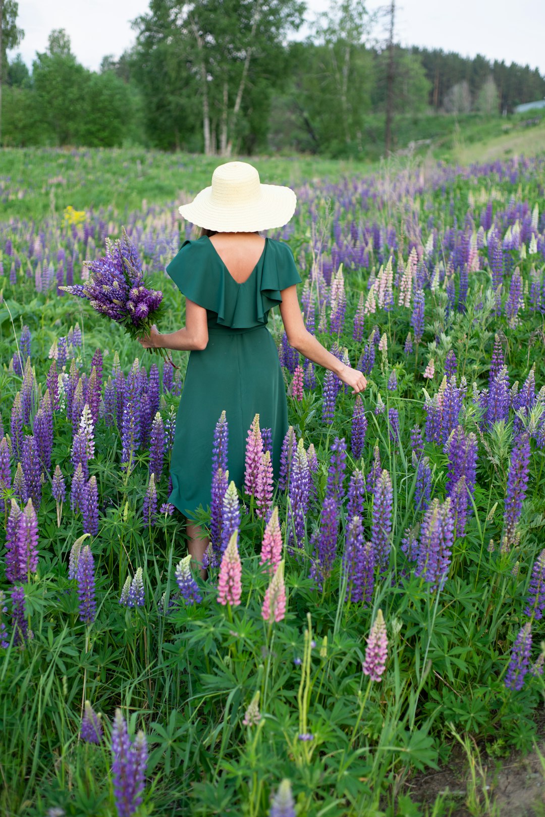 woman in black dress and white sun hat standing on purple flower field during daytime