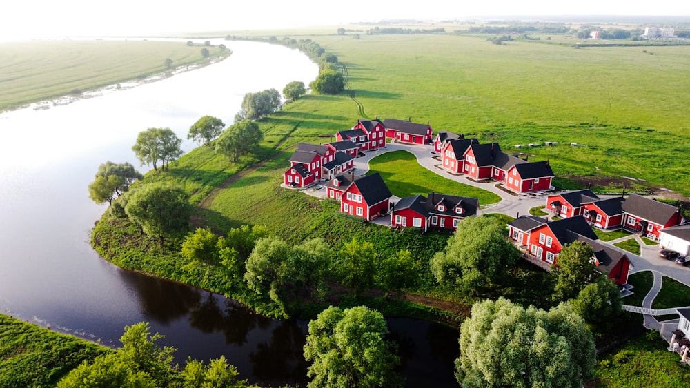 houses near green trees and river during daytime