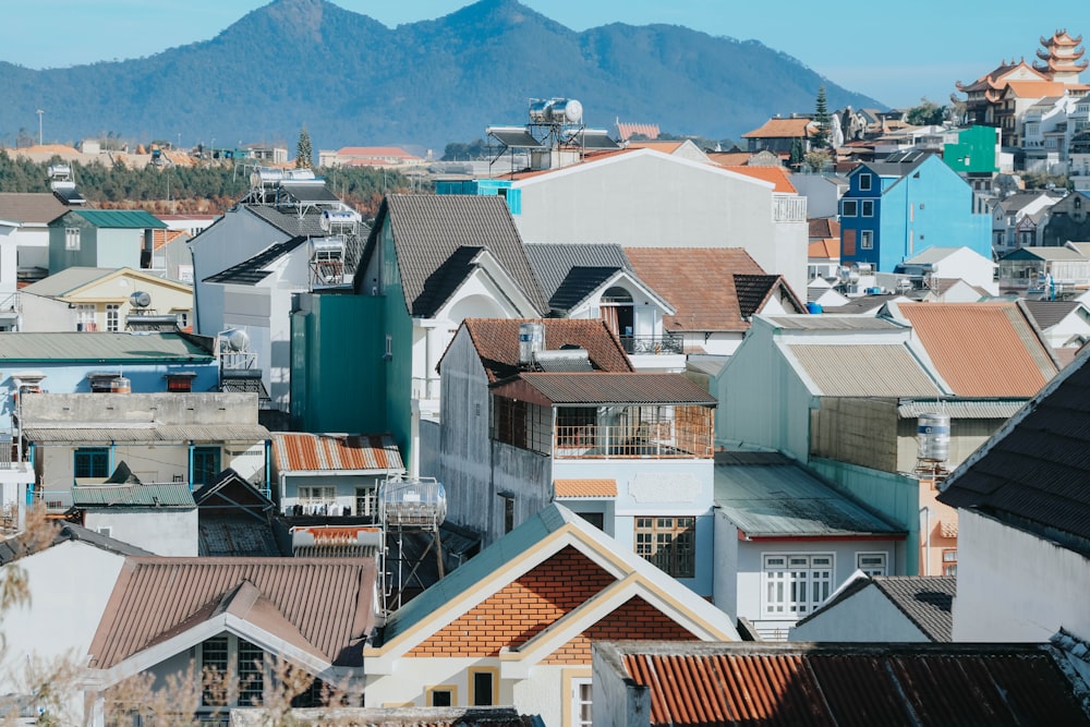 a view of a city with a mountain in the background