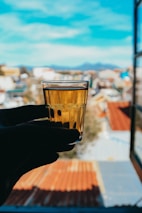 Hands holding a finished glass tumbler with city skyline blurred in background.