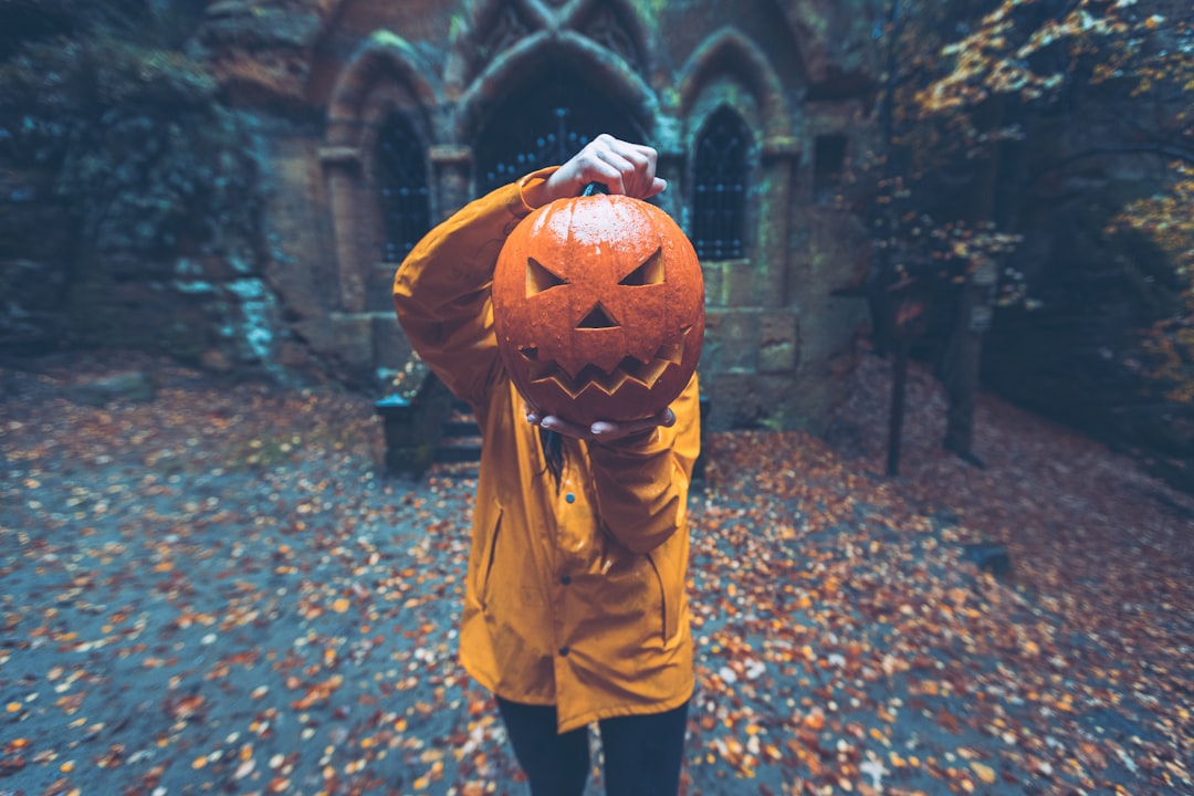 person in brown coat standing on brown dried leaves