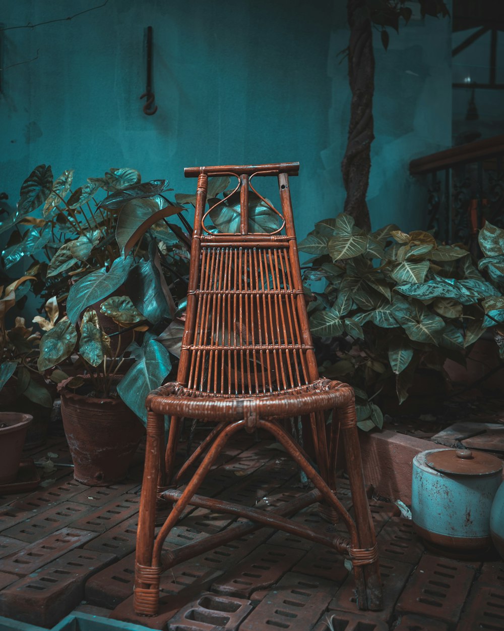 녹색 공장 근처의 갈색 나무 의자