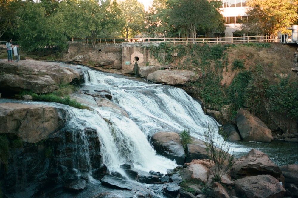 water falls near green trees during daytime