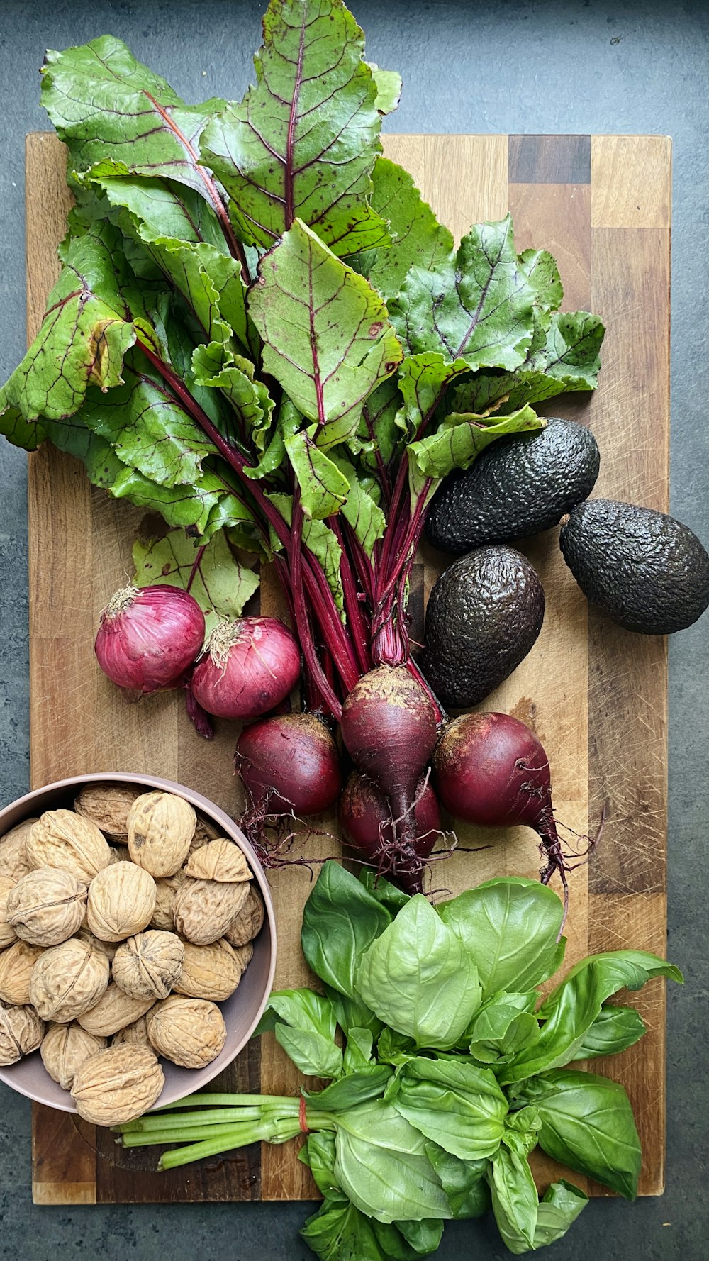 red onion and black round fruit