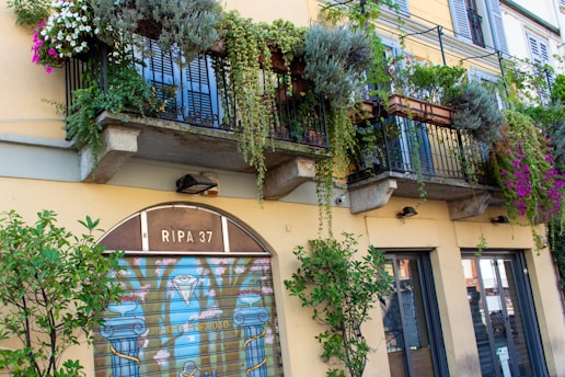 A building facade features a balcony adorned with lush, cascading greenery and vibrant flowers. The entrance below has a metal shutter with artistic graffiti, including the words 'RIPA 37' and 'TEMPO PREZIOSO'. The architecture shows a rustic aesthetic with potted plants hanging over the iron railings.