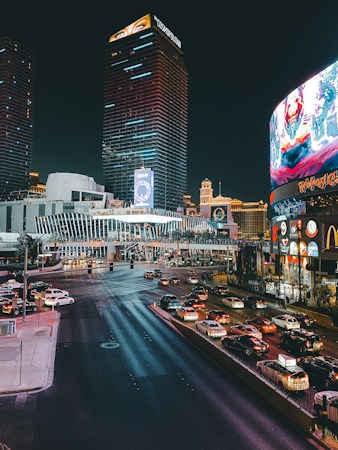 Evening view of streets and buildings north of the Las Vegas Strip near the Gateway District