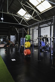 A spacious gym interior with high ceilings and large skylights providing natural light. Various gym equipment, including weight racks with colorful plates (green, yellow, red, blue), a pull-up rig, and exercise machines are neatly organized. The space has a mix of black flooring and a strip of green turf, creating a clean and organized workout environment.