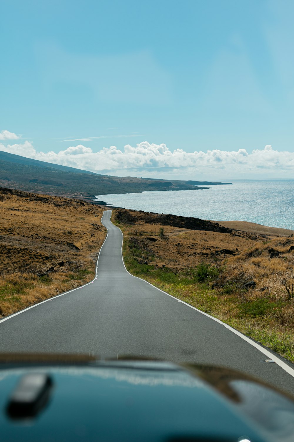 gray concrete road near green grass field and body of water during daytime