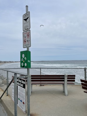A coastal scene featuring two benches on a concrete path by the ocean, with a chain-link fence separating the path from the beach. The water appears slightly rough, and the sky is overcast. Several signs are mounted on a pole, warning about environmental and safety notices. A seagull is flying in the sky.