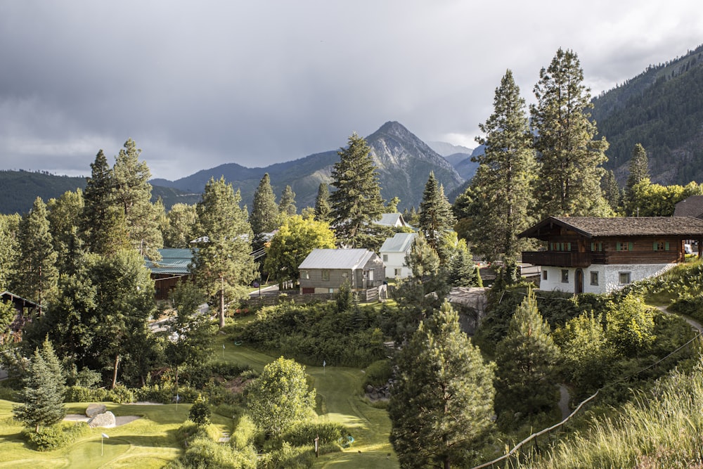 white and brown house surrounded by green trees and mountains during daytime