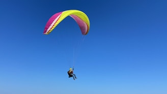 A paraglider is soaring through the clear blue sky. The parachute is vibrant with shades of yellow, pink, and green. The person is wearing casual attire, including a helmet, while suspended in a harness beneath the colorful canopy.