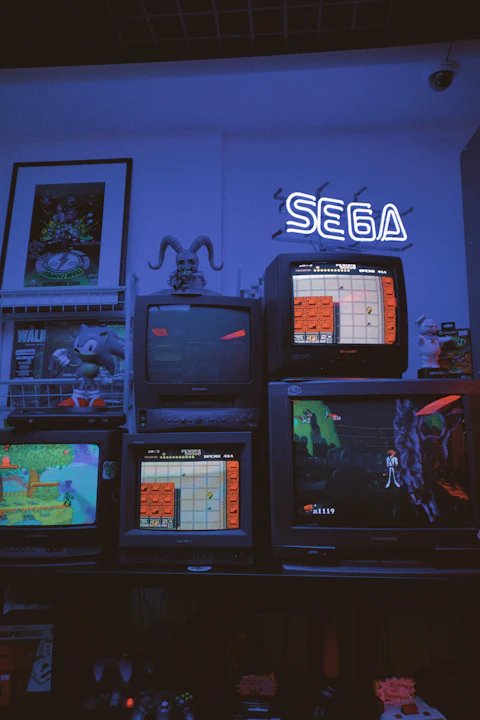 80s VHS retro aesthetic — black CRT TV on wooden TV rack