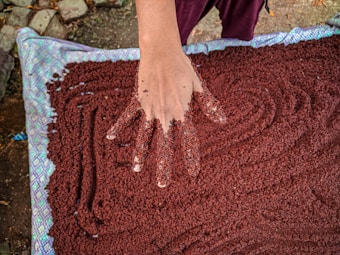 A hand is reaching down over a spread of small red grains or seeds on a patterned cloth. The hand is covered in the grains, indicating an activity involving sorting or spreading. The background includes some natural elements like stones and soil.