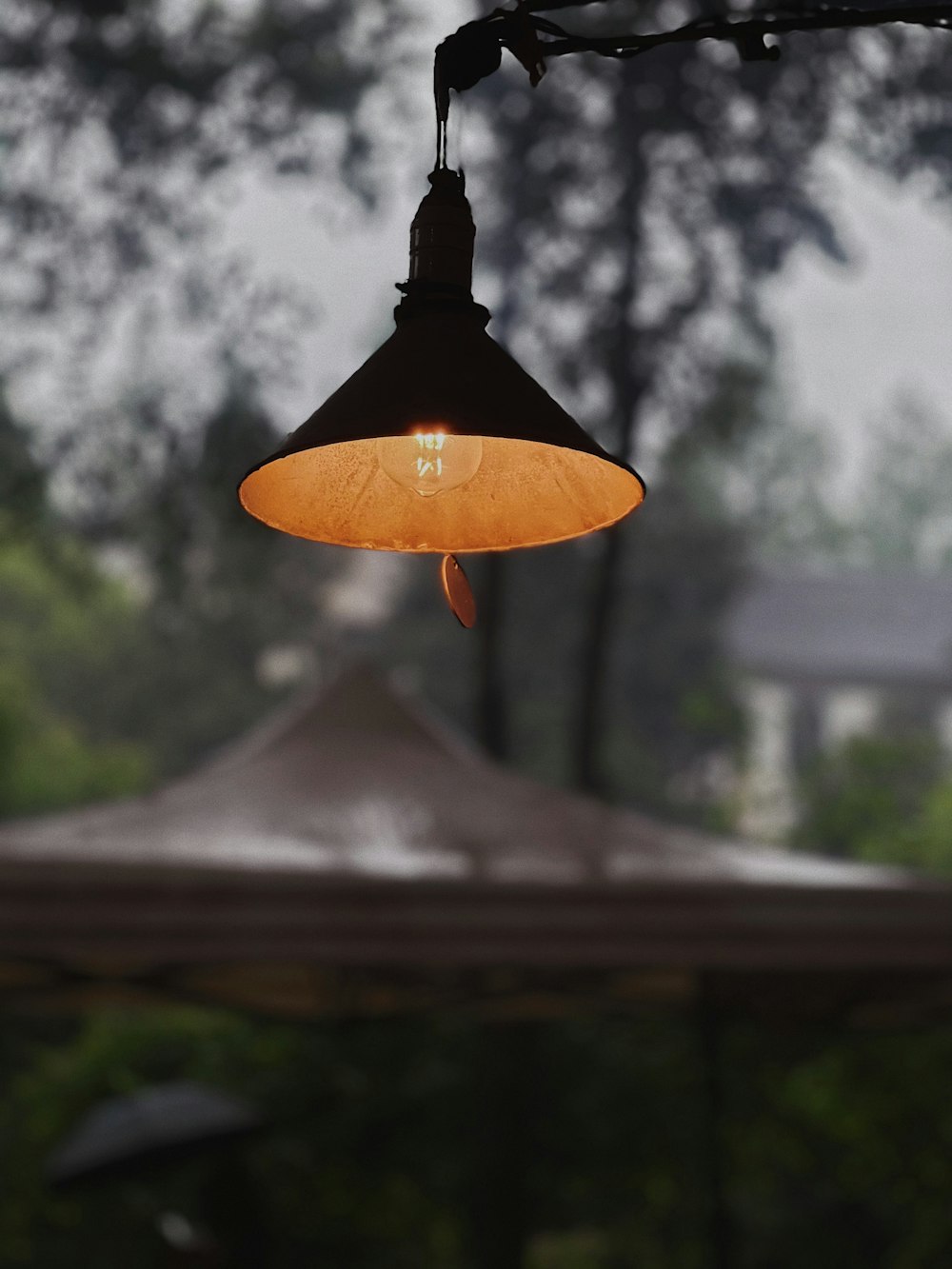 orange pendant lamp in tilt shift lens