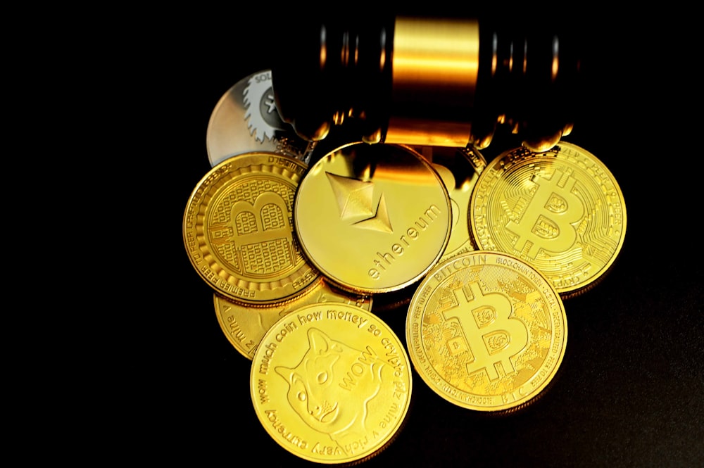 gold round coins on white background