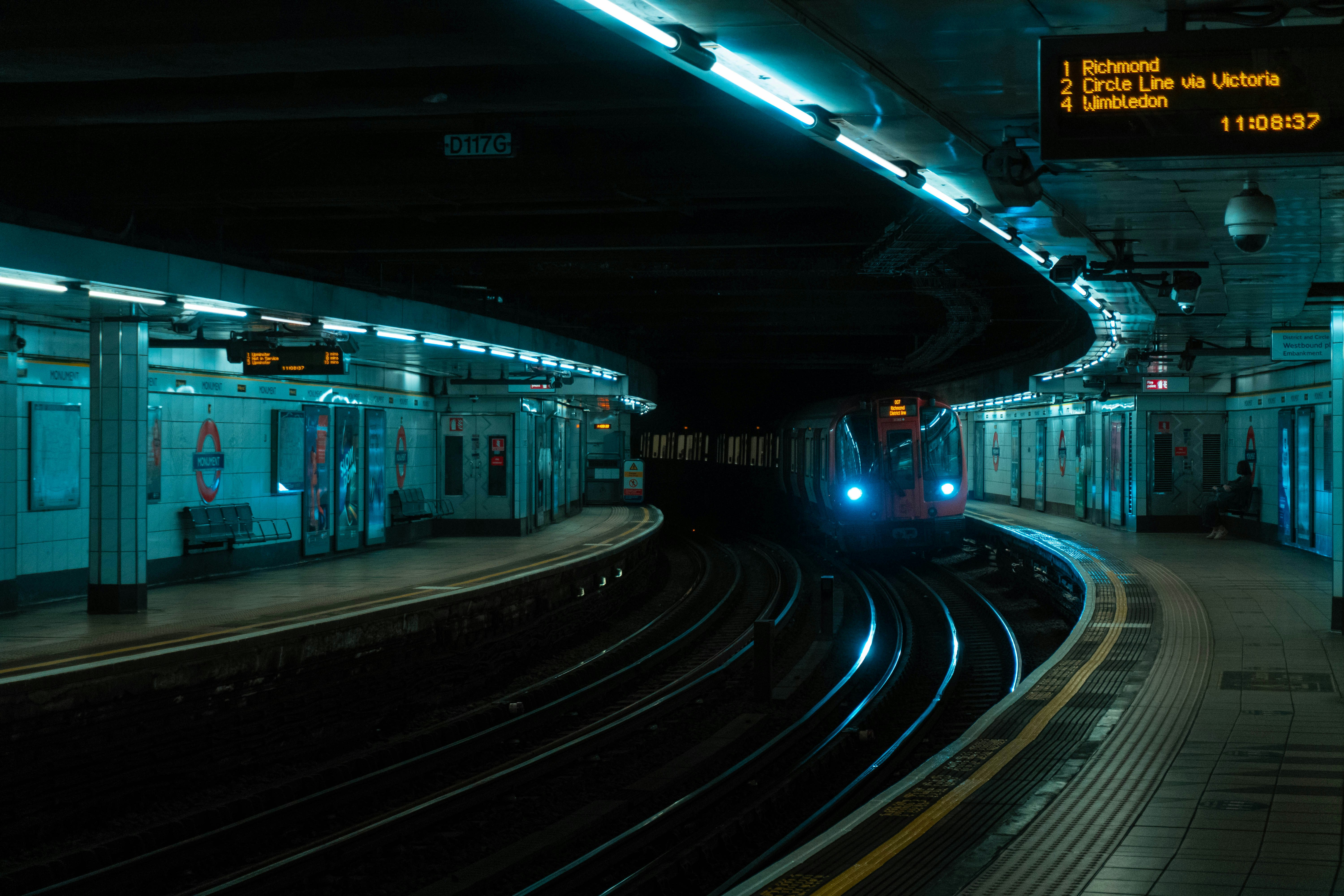 A London Underground train arriving at a station