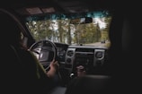 Inside a moving car looking out through the windshield. A person is driving, holding the steering wheel with both hands. The road ahead is lined with tall, green trees, and there are other cars visible in the distance.