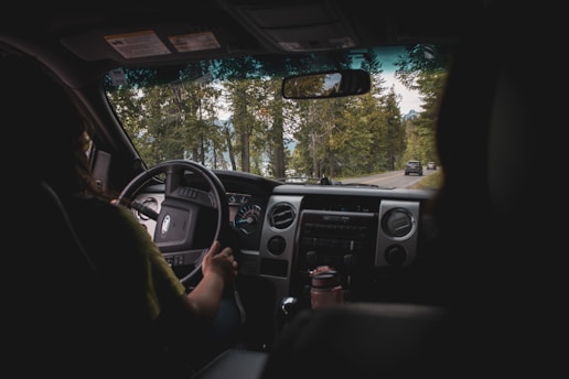 Inside a moving car looking out through the windshield. A person is driving, holding the steering wheel with both hands. The road ahead is lined with tall, green trees, and there are other cars visible in the distance.