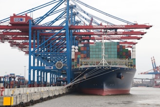 blue and red cargo ship on sea during daytime