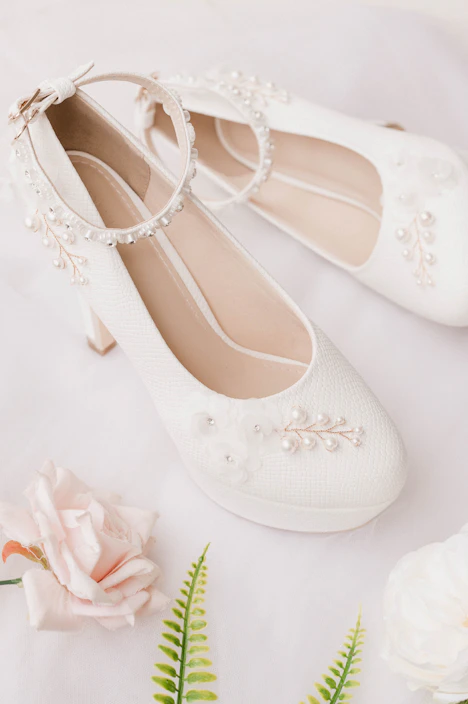 Delicate white bridal shoes with subtle shimmer placed on a soft fabric backdrop