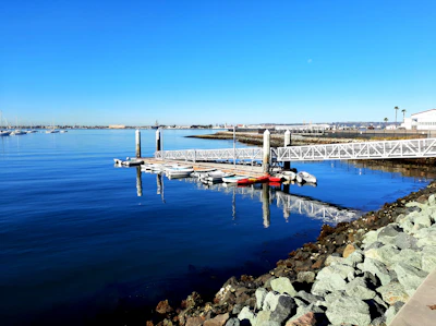 A dock stretching into the lake with boats gently rocking near the marina.