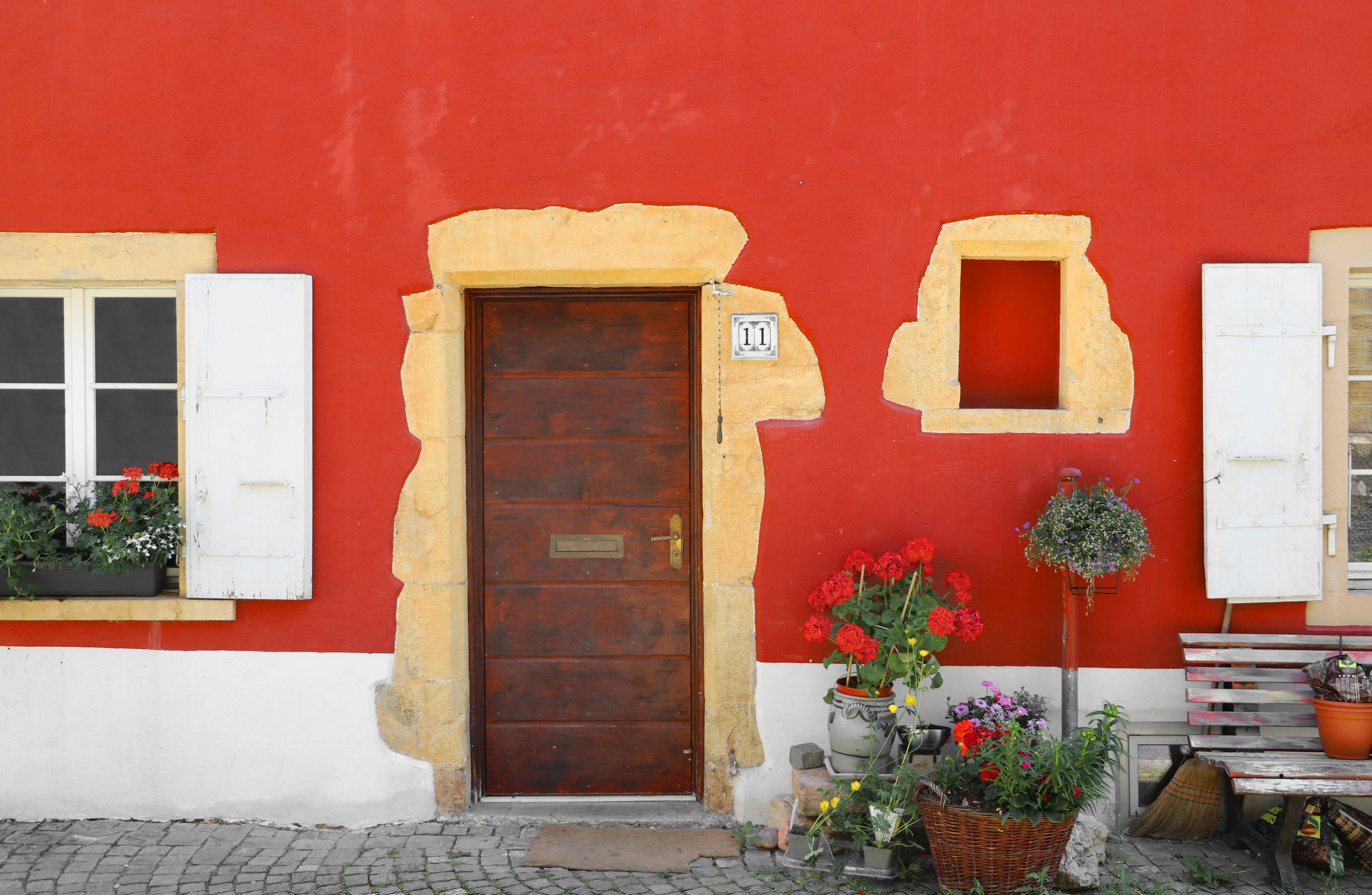 red and white flowers on brown wooden window